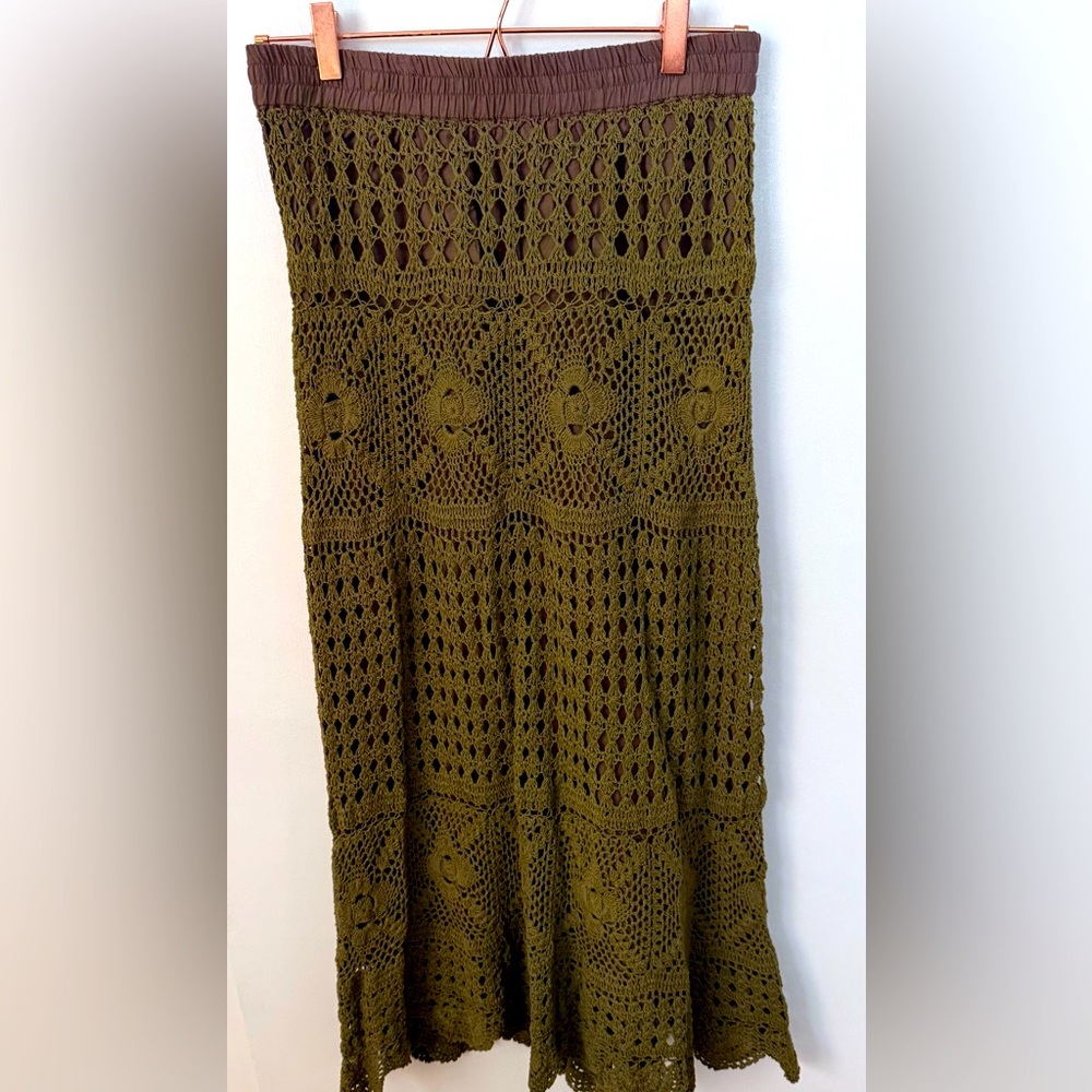 Boston Proper Olive Green Crochet Midi Skirt